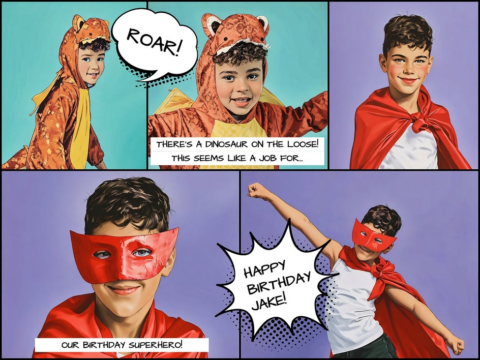 birthday collage of child in red superhero outfit with stars and comic text overlays
