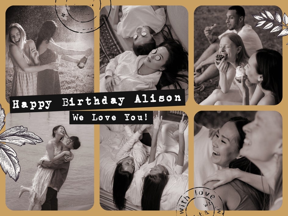 Vintage scrapbook-style birthday collage with washi tape, neutral background, and black-and-white photos