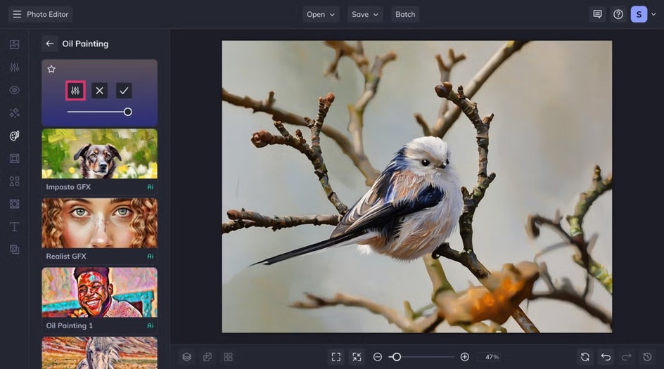 Same bird image, now stylized with an oil painting effect and Settings icon highlighted.