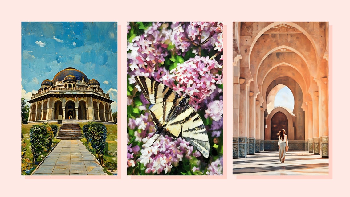 A set of three side-by-side images transformed with BeFunky’s painting effects: a domed building in vibrant colors, a close-up of cherry blossoms, and an architectural archway with warm light and shadows. Each image is stylized with a painterly, brushstroke look.