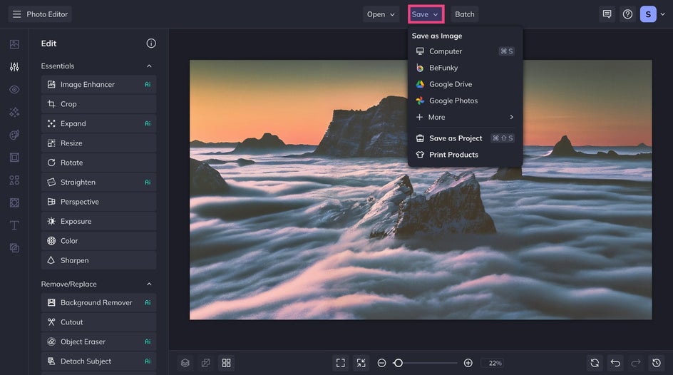 Save menu for extended landscape image