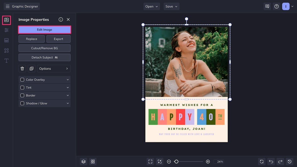 Screenshot showing the photo selected in the template with the 
