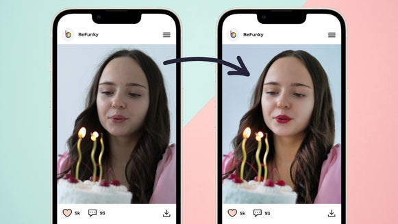 Featured: Social media photo of young woman blowing out candles before and after touch up tool makeover.