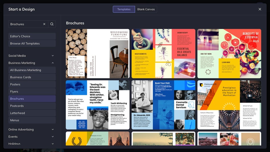 Brochure Maker interface showing template options for custom designs with Photo Editor