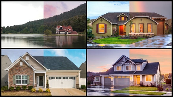 four real estate exterior shots with before/afters of sky replacer applied