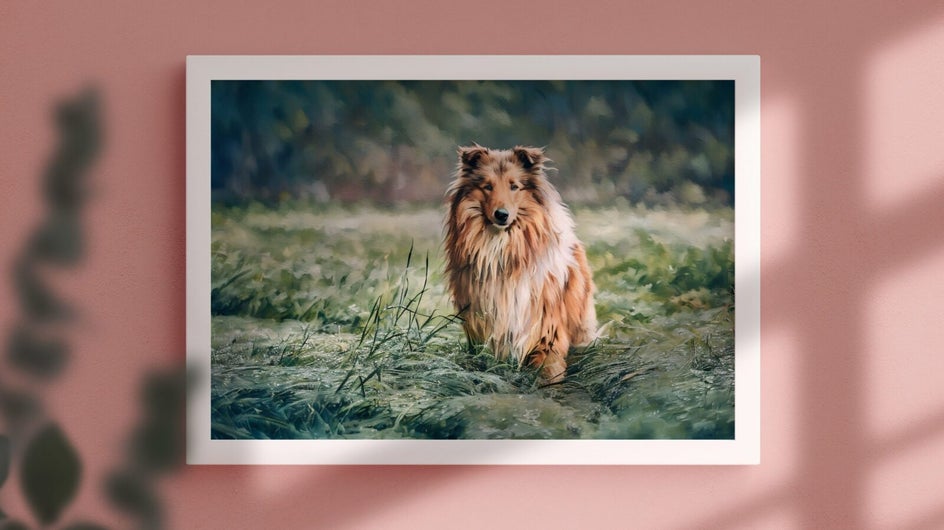 a realistic oil painting of a Sheltie dog with a blurred pink background.