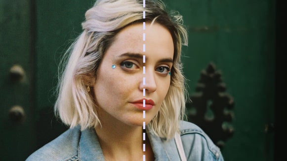 Denoised side-by-side comparison of close up female portrait taken on film camera.
