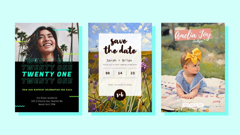 Three vertical card designs: a birthday party invite with a smiling woman on a teal background, a rustic “save the date” card, and a child’s photo with painted floral elements and name customization — all showing painterly enhancements.