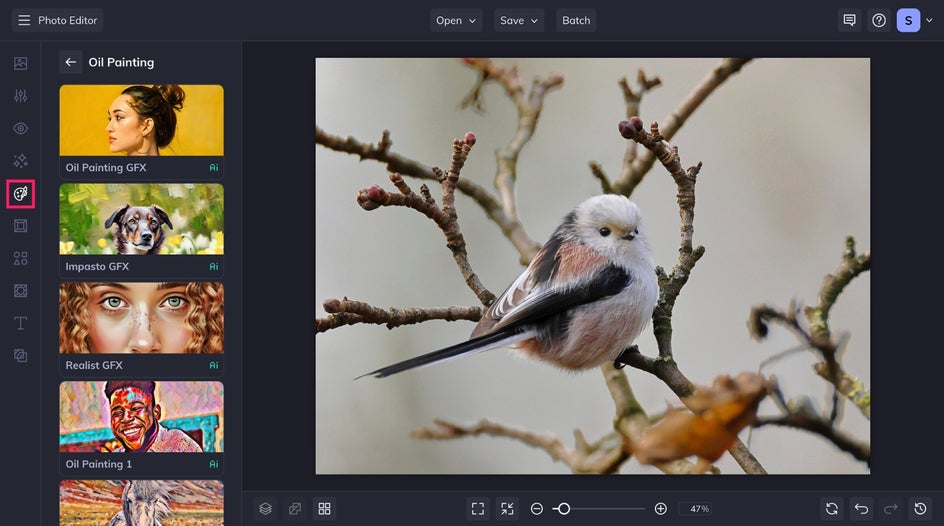 BeFunky’s Artsy tab in the sidebar, showing oil painting effect thumbnails. The workspace displays a photo of a bird perched on a branch before the effect is applied.