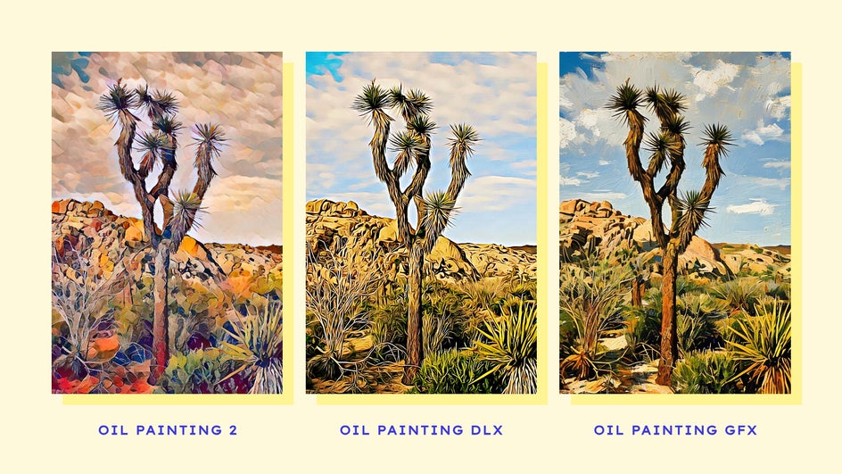 The same desert scene with a Joshua tree is shown three times, each using a different BeFunky oil painting effect: “Oil Painting 2” with bold texture, “Oil Painting DLX” with a more refined look, and “Oil Painting GFX” with high realism and depth.