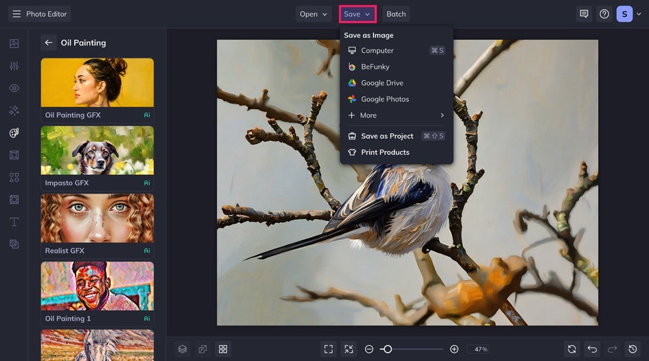 Final version of the oil-painted bird image. The top navigation bar shows the Save dropdown menu expanded with options like BeFunky, Computer, Google Drive, and More.