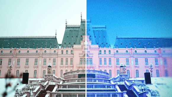 Building exterior edited with sky replacer to show cinematic split-tone effect on architecture