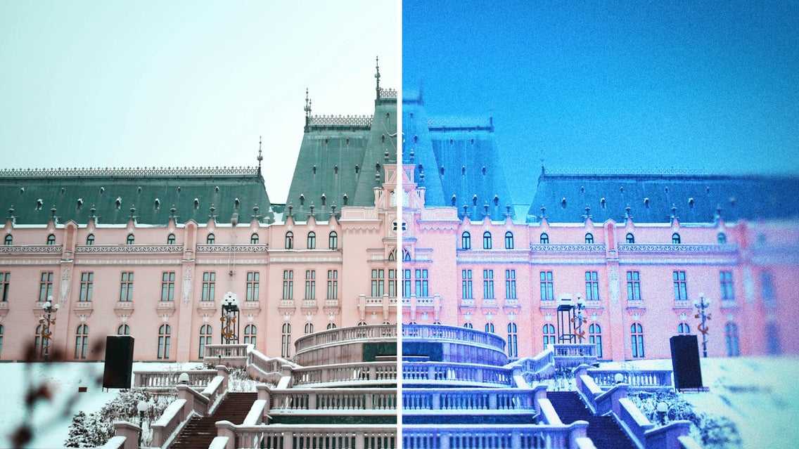 Building exterior edited with sky replacer to show cinematic split-tone effect on architecture