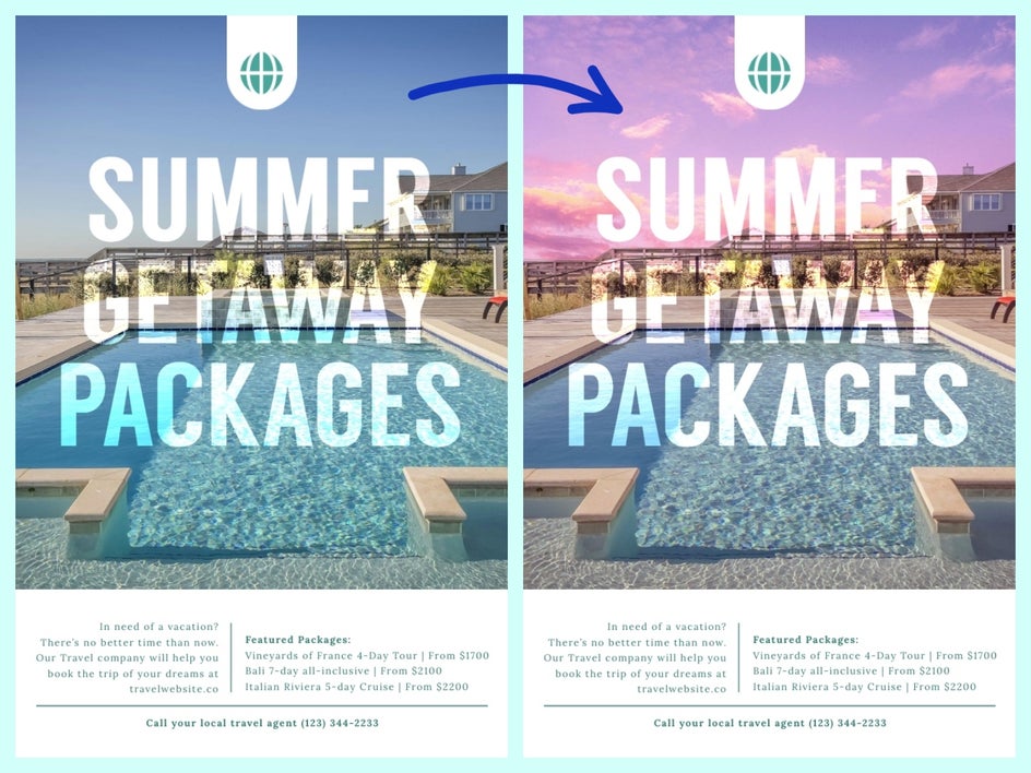 Summer getaway packages flyer with sky replacer applied to create a new atmosphere