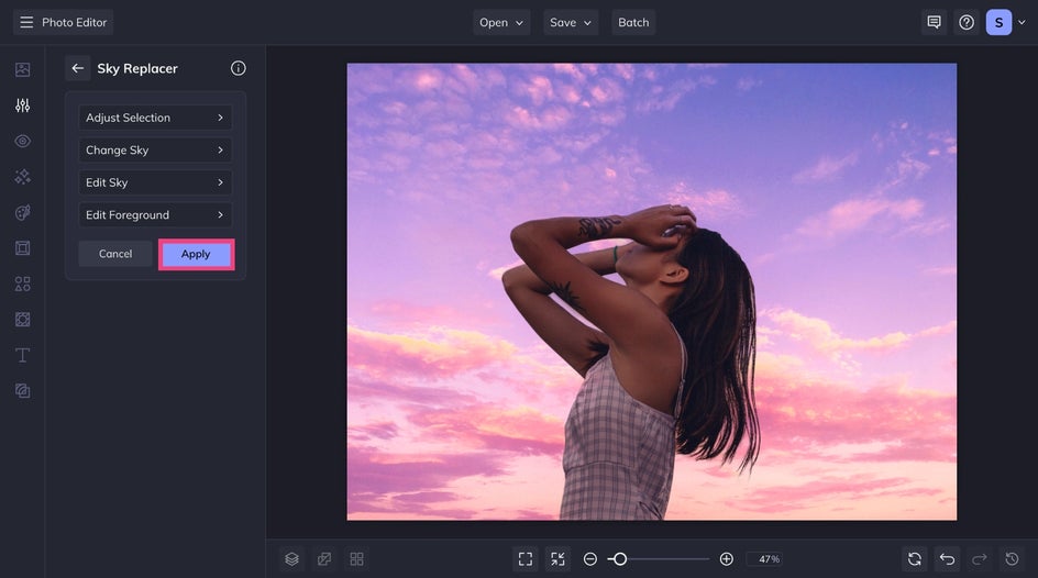 Final edited image using sky replacer with a vibrant pink sky and export options shown