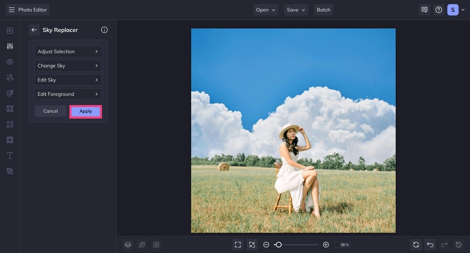 The photo is fully edited with the new sky, and the Sky Replacer panel is visible showing the “Apply” button in pink. The top navigation bar also displays the Save dropdown menu options.