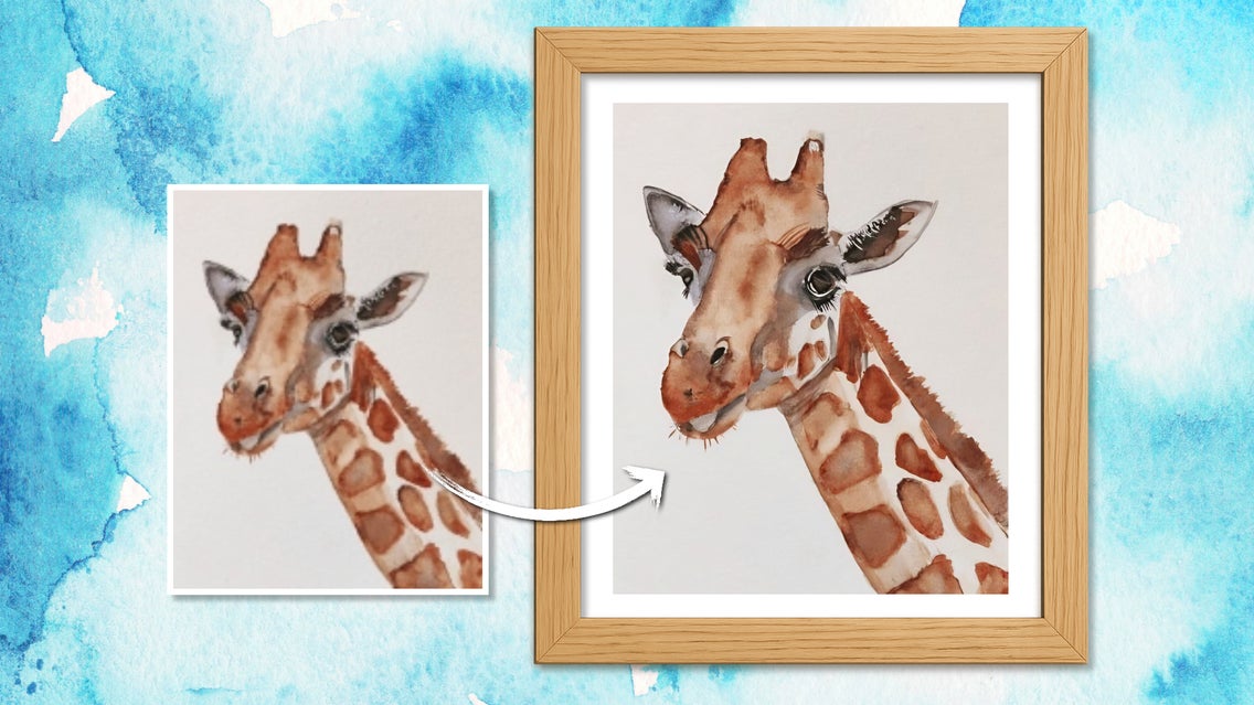 Before: A blurry watercolor-style giraffe illustration with faded details. After: A crisp, detailed version of the same giraffe in a wooden frame against a watercolor blue background, showing the results of upscaling.