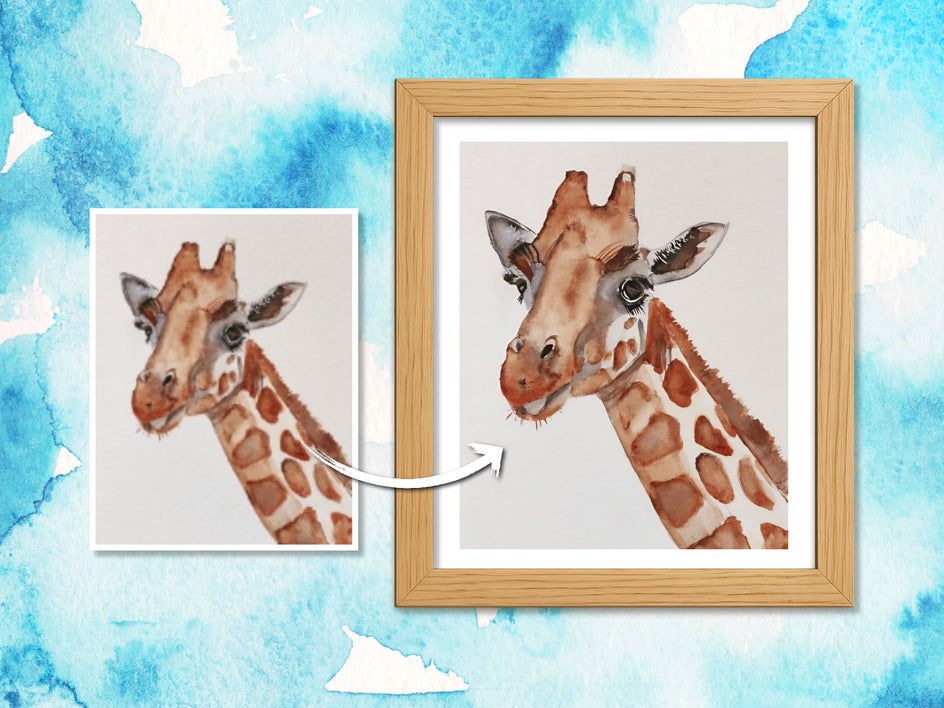 A low-resolution giraffe illustration on the left is shown upscaled and framed on the right, with a white arrow between them. Background is a watercolor wash of blues.