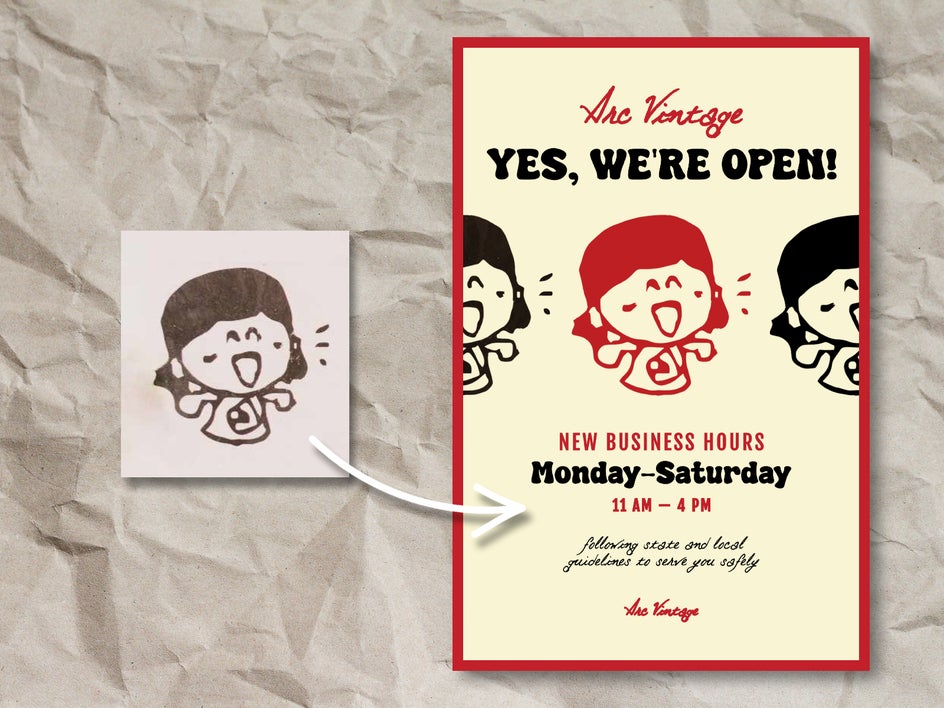 Before: A sepia-toned, pixelated cartoon of a child’s face in a square. After: The same cartoon character, now sharper, appears on a retro-style poster that reads “YES, WE’RE OPEN! New Business Hours Monday–Saturday 11 AM – 4 PM.”