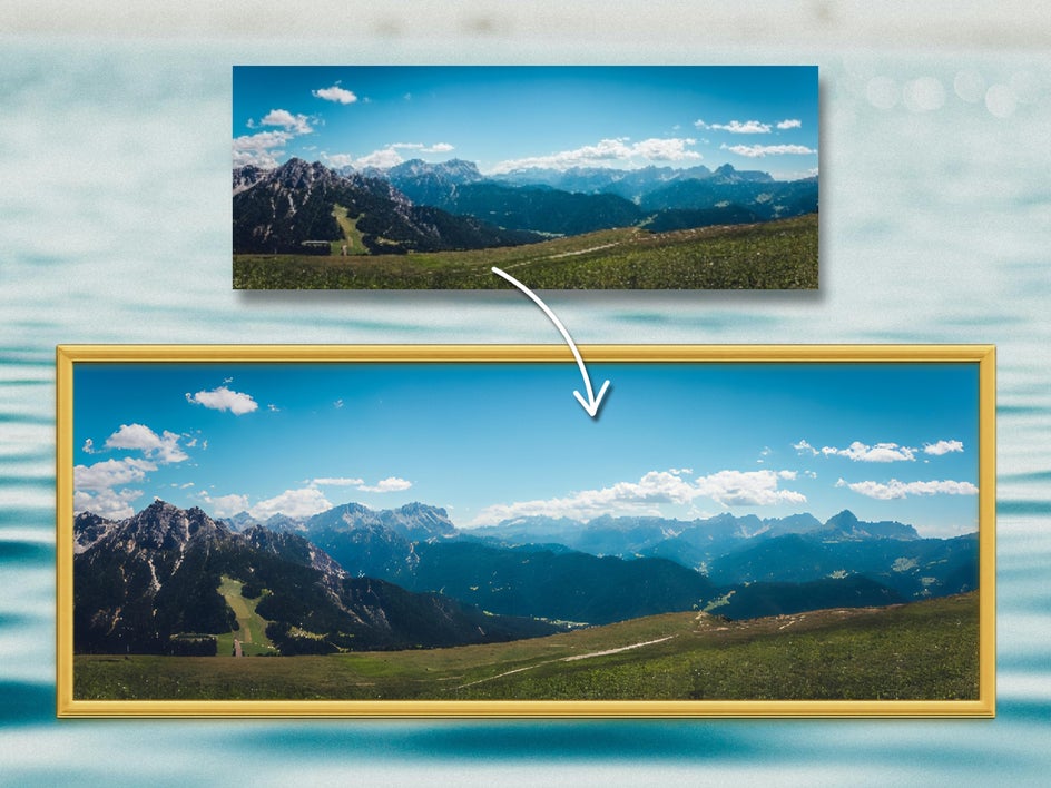 Before: A narrow, low-res photo of a mountain range. After: The same image is dramatically sharper, brighter, and wider in a golden frame. A white arrow connects the two, suggesting enhancement.