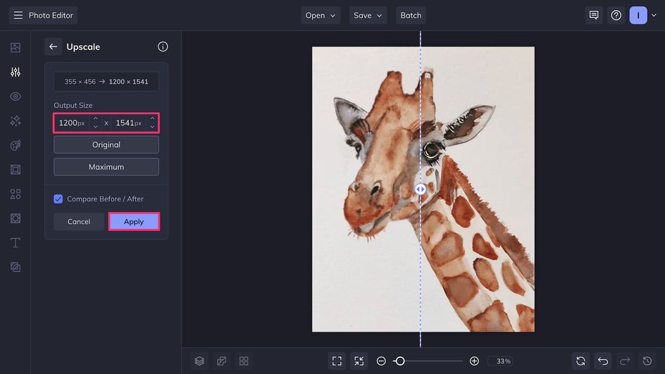 Output size is set to 1200 x 1541 pixels, and the “Apply” button is highlighted. The side-by-side preview of the giraffe shows enhanced detail on the right side