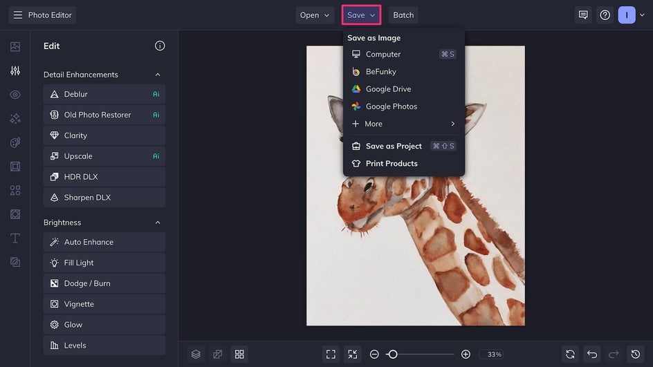 The Save dropdown menu in BeFunky’s interface showing export options like Computer, BeFunky, Google Drive, Google Photos, and Print Products. A framed giraffe illustration is visible in the background.