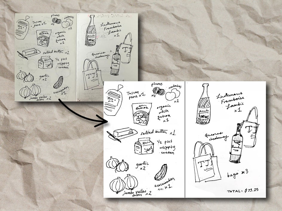 Before: Faint, slightly blurred black-and-white drawings of grocery items in a sketchbook. After: The same drawings appear darker, crisper, and better contrasted on a white background. A bold black arrow connects the two.