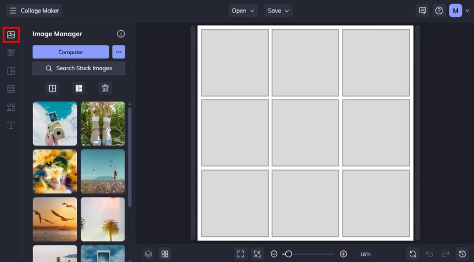 Screenshot of the BeFunky Collage Maker with the Image Manager tab open. Several stock images of nature, travel, and lifestyle appear in the image tray, ready to be added to a vision board.