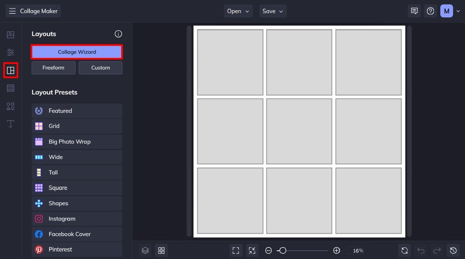 The Layouts tab selected in the Collage Maker. A blank grid layout is displayed in the preview area, and “Use Images” and “Select this Collage” buttons are visible.