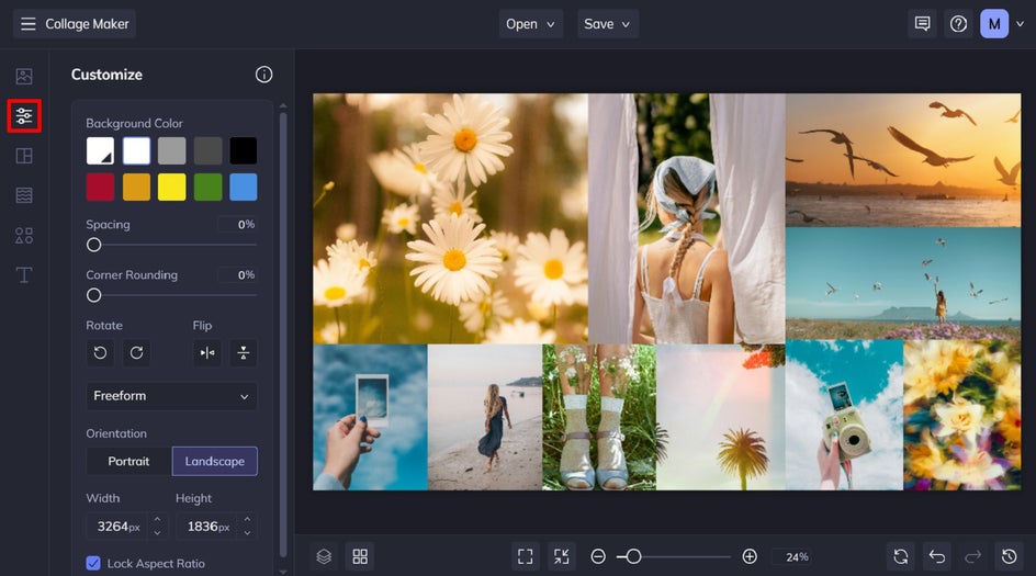 BeFunky Collage Maker UI displaying layout editing options like spacing, background color, and corner rounding, along with a preview of the in-progress vision board featuring warm, sunny imagery.