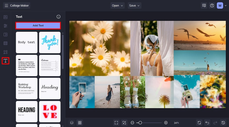 Collage Maker Text tab open with a finished collage and text patches.