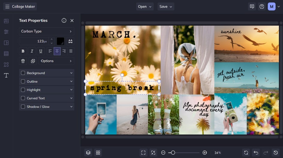 The Text Properties menu showing customization of font, spacing, and color.