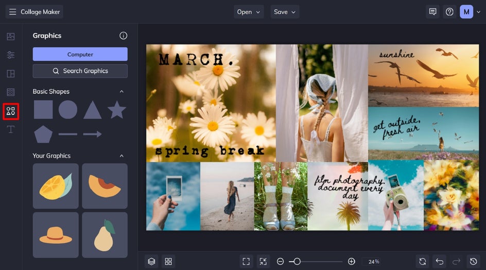 Screenshot of the Graphics tab showing icons like a hat, a leaf, and a paint palette in the library. The vision board includes added vector-style graphics, such as stars and abstract shapes, enhancing the final collage.