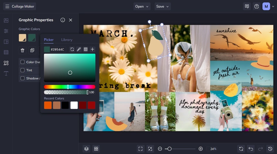 A spring vision board in progress with colorful decorative graphics applied – including yellow starbursts, an orange slice, and painterly brush shapes. The Graphic Properties panel is open, allowing customization of color and effects.