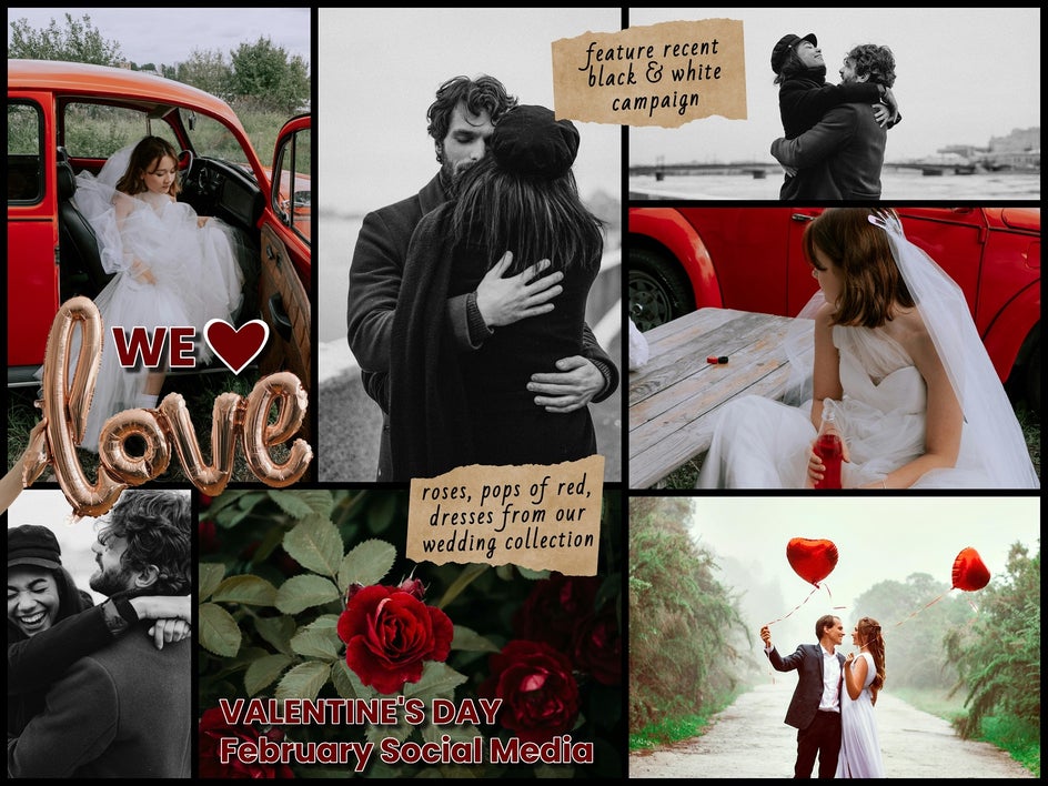 A romantic moodboard titled “VALENTINE’S DAY February Social Media” featuring red roses, love-themed graphics, and couples embracing. Background colors and text emphasize warmth, passion, and affection.