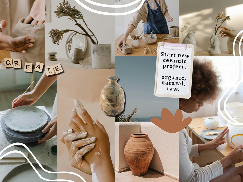 A muted, earthy collage of hands shaping clay, ceramic tools, vases, and a handwritten label that reads: “Start new ceramic project. Organic. Natural. Raw.” Large cutout letters spell the word “CREATE.”