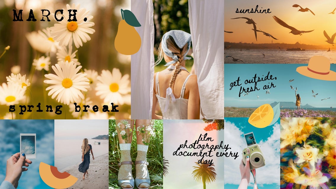 A colorful digital collage titled “MARCH: spring break” featuring uplifting photos like a bouquet of daisies, a white curtain in sunlight, a beach scene with someone writing in sand, a woman walking by the ocean, and a quote that says “film photography, document every day.