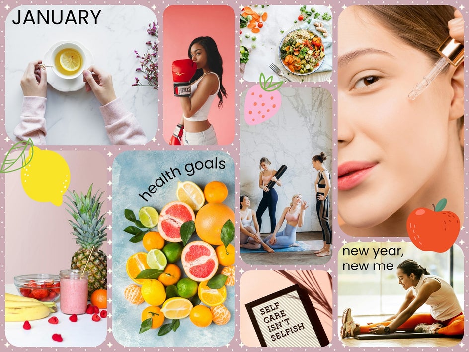 Colorful collage titled “health goals” and “new year, new me” with images of women exercising, skincare products, healthy food, and seasonal visuals. Pink and orange heart graphics decorate the layout.