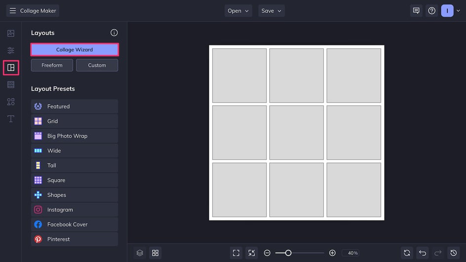BeFunky Collage Maker with Layouts tab open and empty collage grid selected for starting pet photo layout