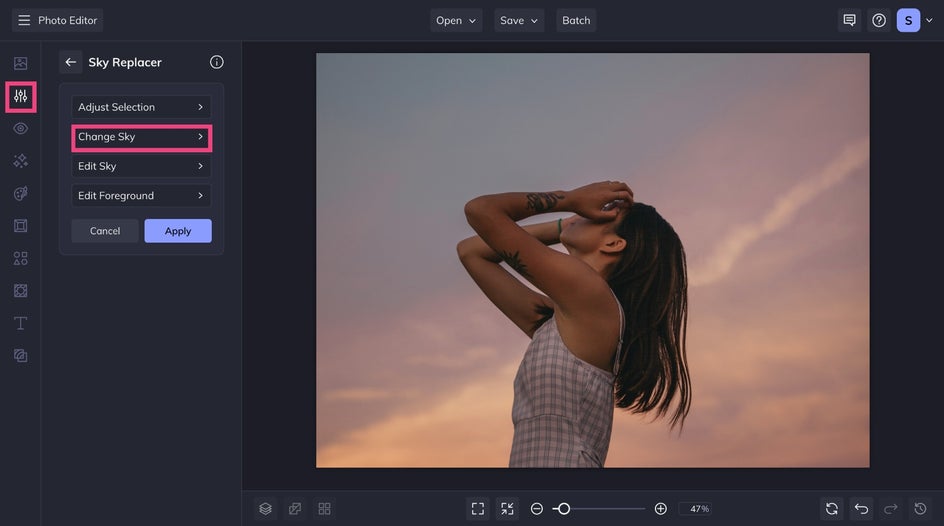 Sky replacer interface showing image upload and Change Sky button on a portrait with sunset tones