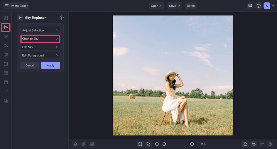 BeFunky’s Sky Replacer tool. A woman in a white dress sits in a grassy field under an overcast sky, with the Sky Replacer menu expanded on the left, showing the “Change Sky” button highlighted.