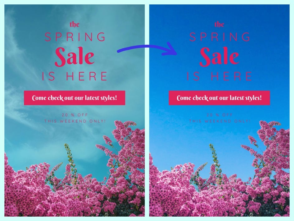 Side-by-side showing Sky Replacer used on marketing graphic to change the sky to be more on brand and seasonal