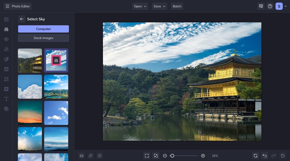 Sky Replacer image manager for choosing and editing a new sky.