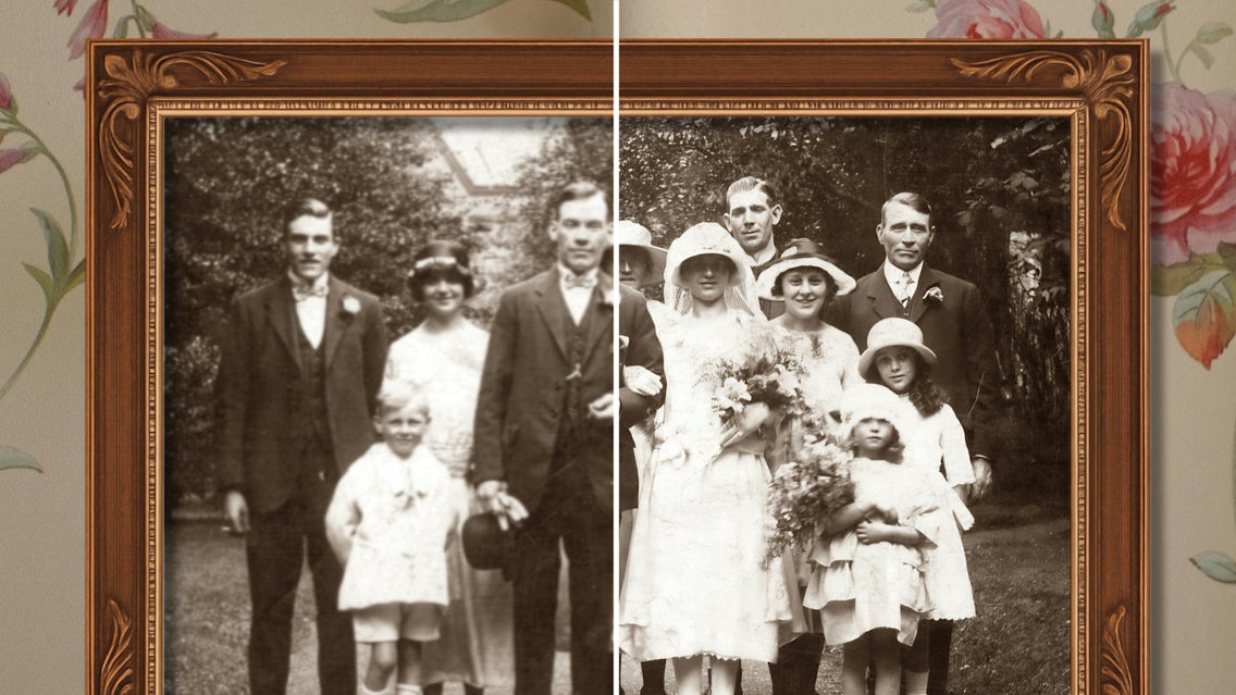 Close up of vintage family photo framed with before and after using upscale and old photo restorer