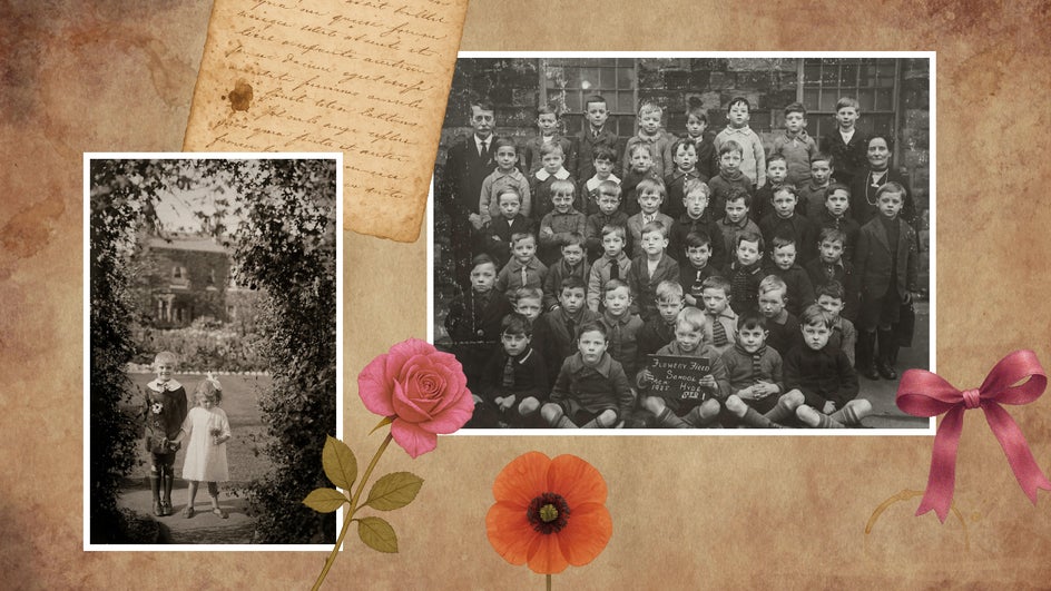 Mixed-media vintage scrapbook with old, faded photos