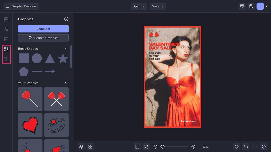 Graphics and Text tabs highlighted to customize template