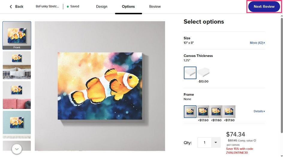 Reviewing watercolor canvas print in Zazzle.
