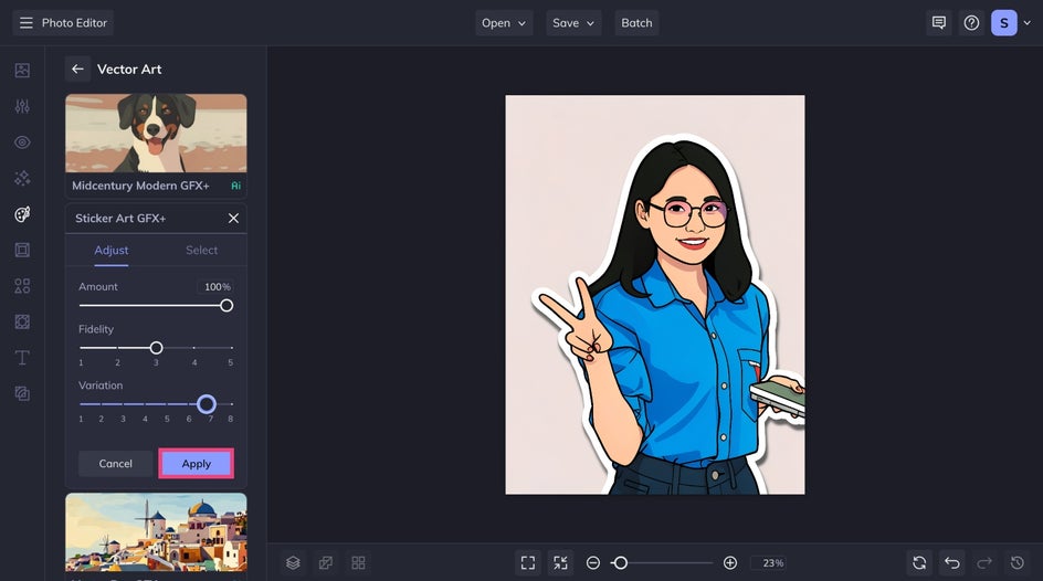 Adjust and apply Sticker Art GFX+