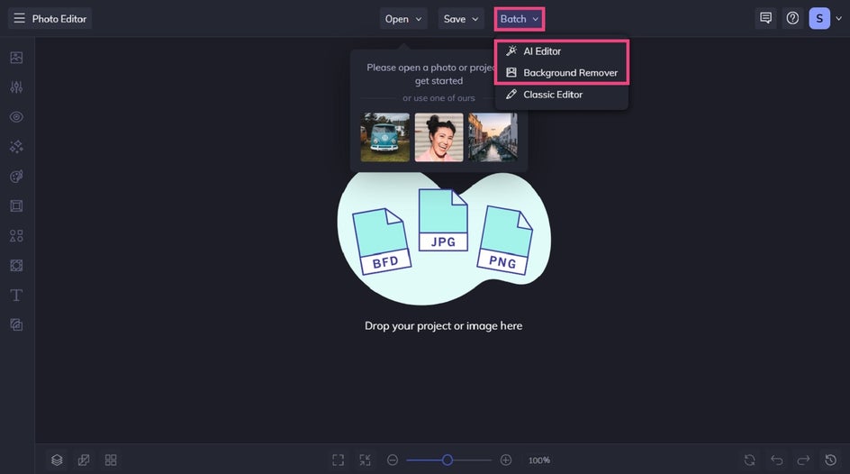 batch ai editor and batch background remover in BeFunky