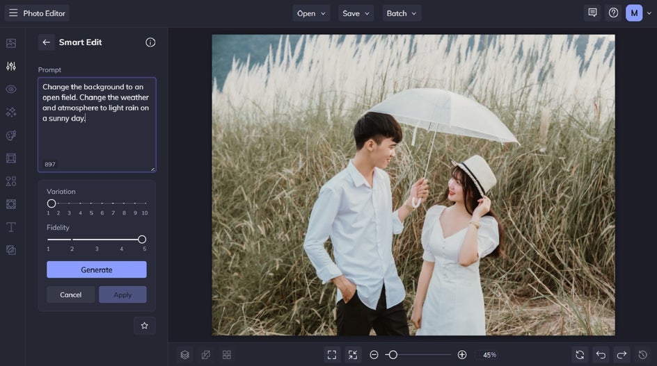 AI photo editing prompts in BeFunky smart edit